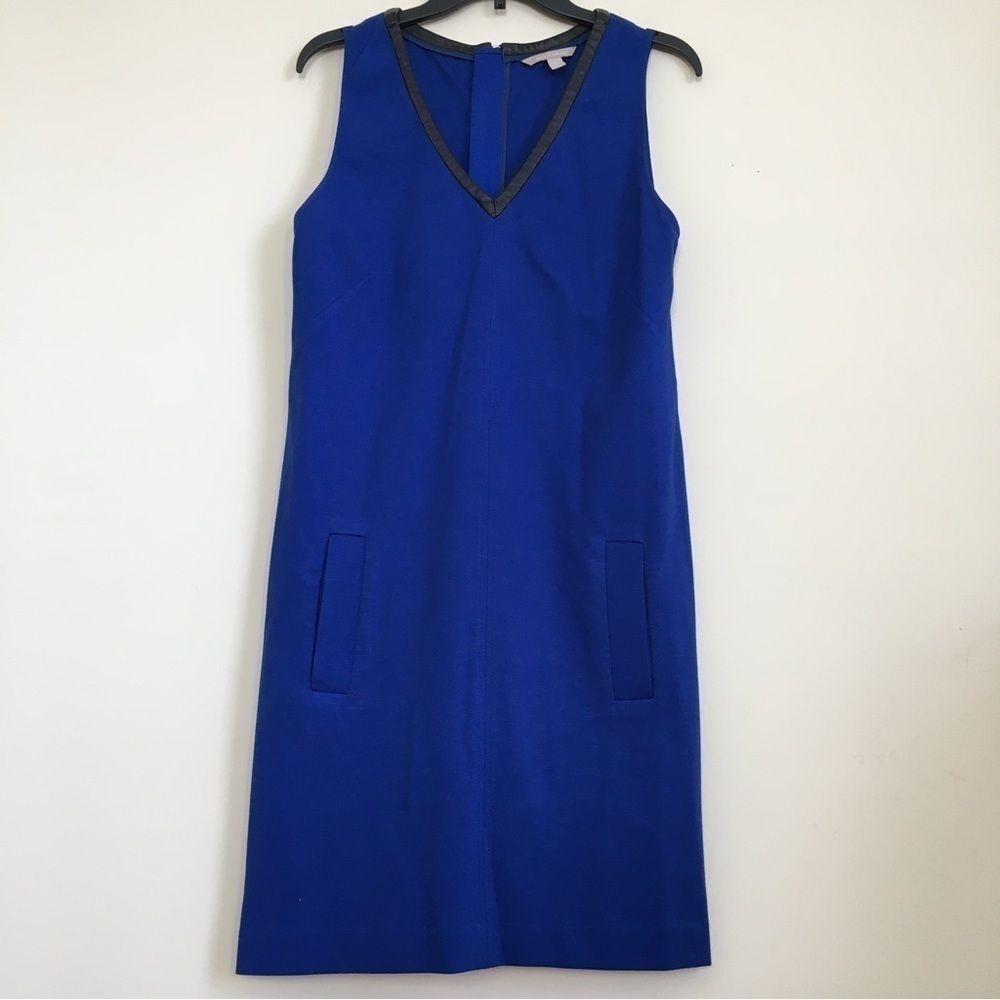 Banana Republic Cobalt Blue V-neck Faux Leather Trim Knit Knee High Shift Dress